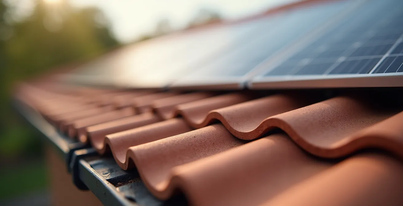 Vue rapprochée sur des tuiles de toit avec panneaux solaires en arrière-plan flous