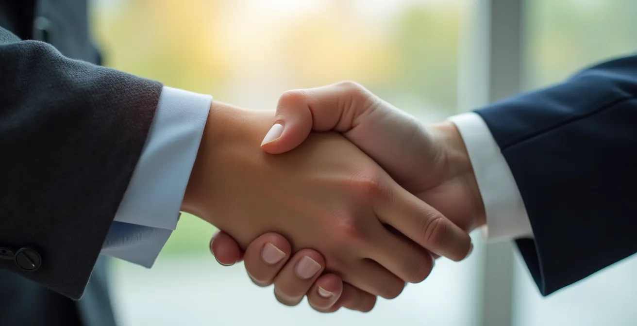 Poignée de main serrée symbolisant un accord financier et une décision stratégique