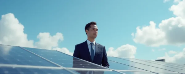 Professionnel en tenue d'affaires observant une grande installation photovoltaïque sur un toit, avec un ciel clair et lumineux en arrière-plan