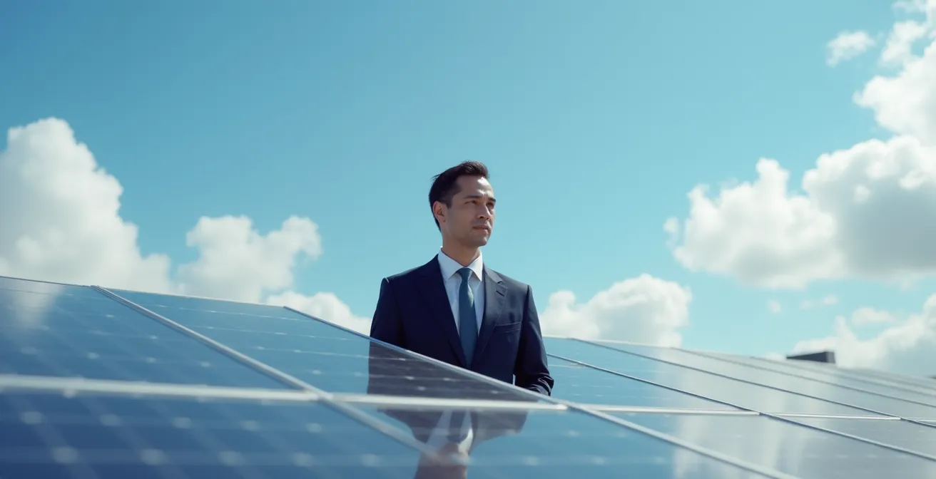 Professionnel en tenue d'affaires observant une grande installation photovoltaïque sur un toit, avec un ciel clair et lumineux en arrière-plan