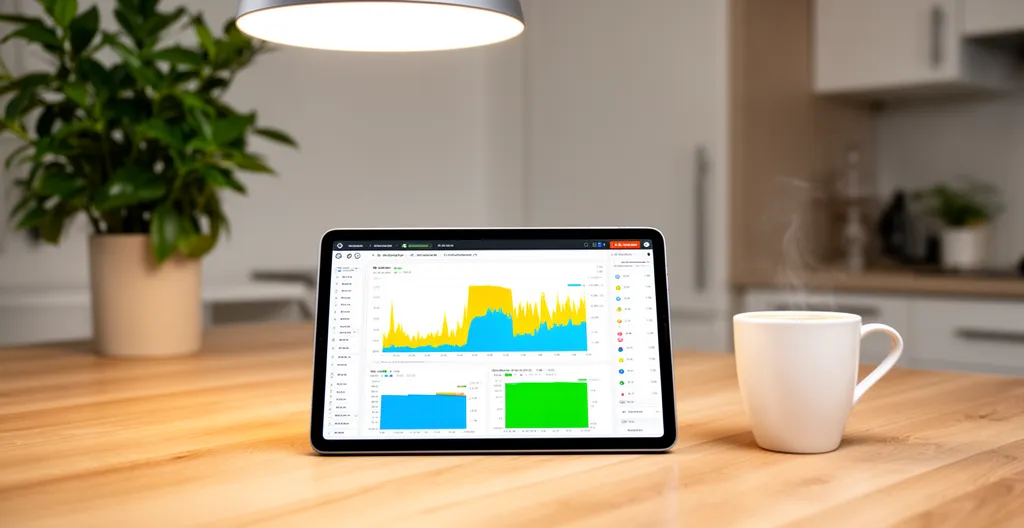 Tablette affichant application de suivi production solaire avec graphiques sur table de cuisine