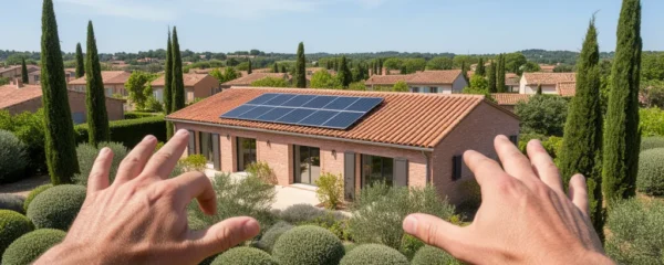 Maison individuelle avec panneaux solaires sur toiture tuiles dans quartier résidentiel toulousain sous ciel bleu