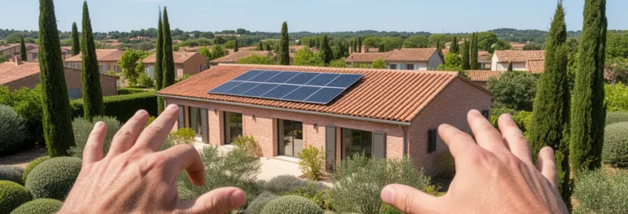 Maison individuelle avec panneaux solaires sur toiture tuiles dans quartier résidentiel toulousain sous ciel bleu