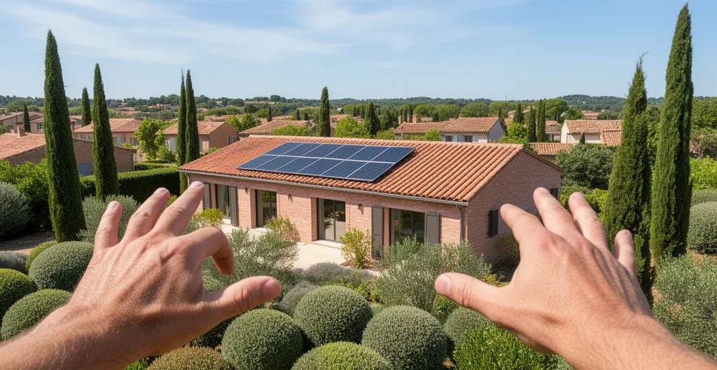 Maison individuelle avec panneaux solaires sur toiture tuiles dans quartier résidentiel toulousain sous ciel bleu