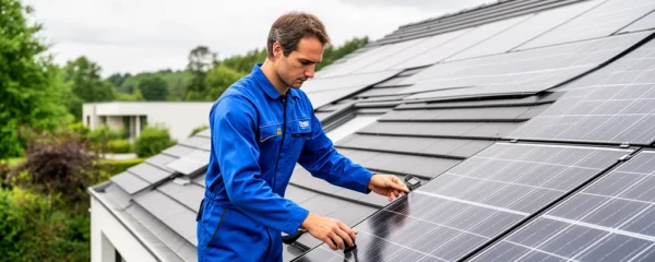 Technicien inspectant une installation de panneaux solaires sur toiture de maison individuelle