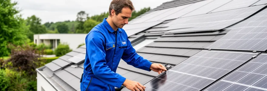 Technicien inspectant une installation de panneaux solaires sur toiture de maison individuelle