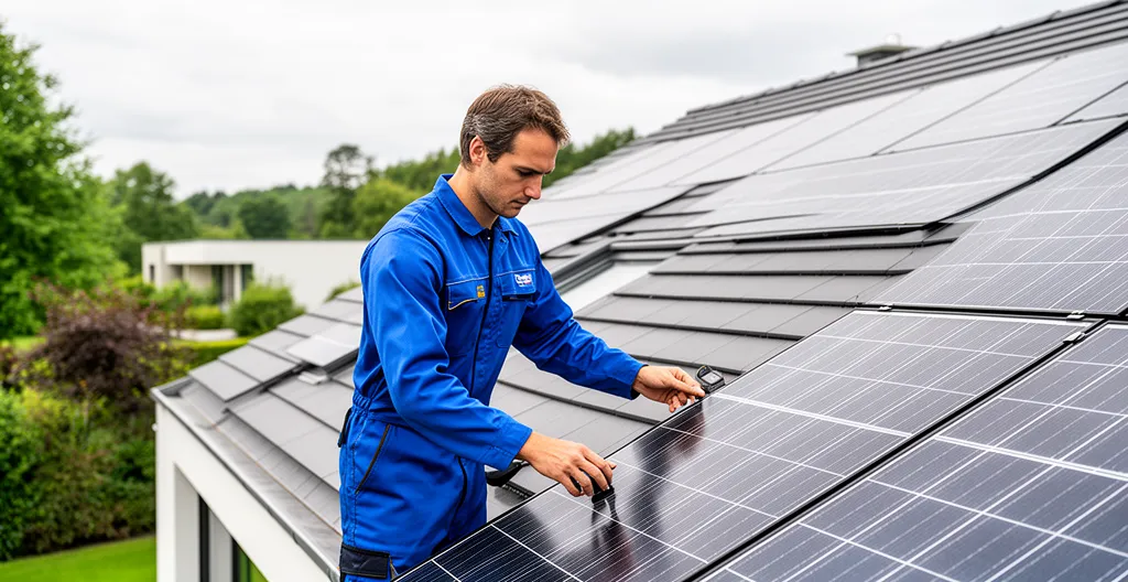 Technicien inspectant une installation de panneaux solaires sur toiture de maison individuelle