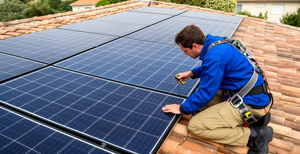 Technicien en tenue professionnelle inspectant panneaux solaires sur toiture de maison