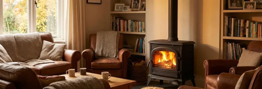 Intérieur lumineux d'un salon avec un poêle à bois moderne en fonte noire, flammes visibles, ambiance chaleureuse en automne