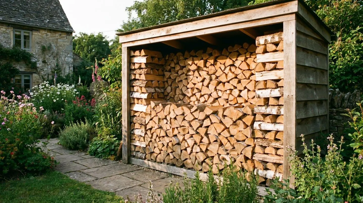 Rangées de bûches soigneusement empilées sous un abri en bois dans le jardin d'une maison individuelle, bois bien séché
